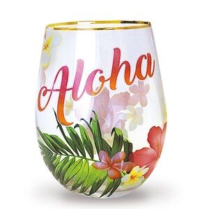Set of 2 Hawaii Tropical Coastal Stemless Wine Glass, Aloha Palm Set of 2 -New!
